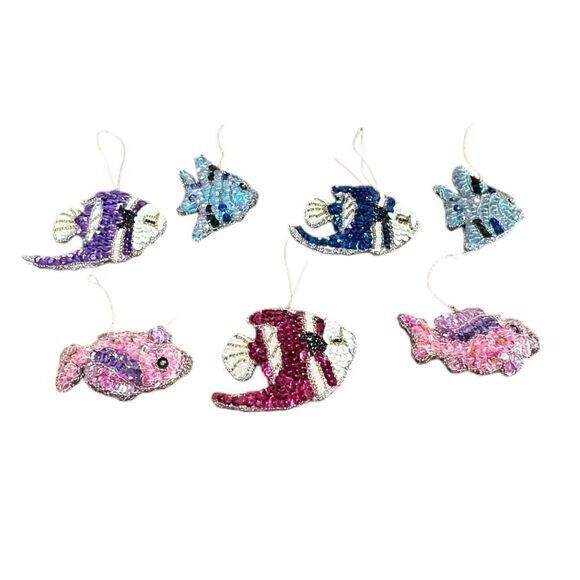 Lot of 7 Vintage Handmade Sequin Christmas Ornaments‎ Ocean Fish Theme - Picture 1 of 12